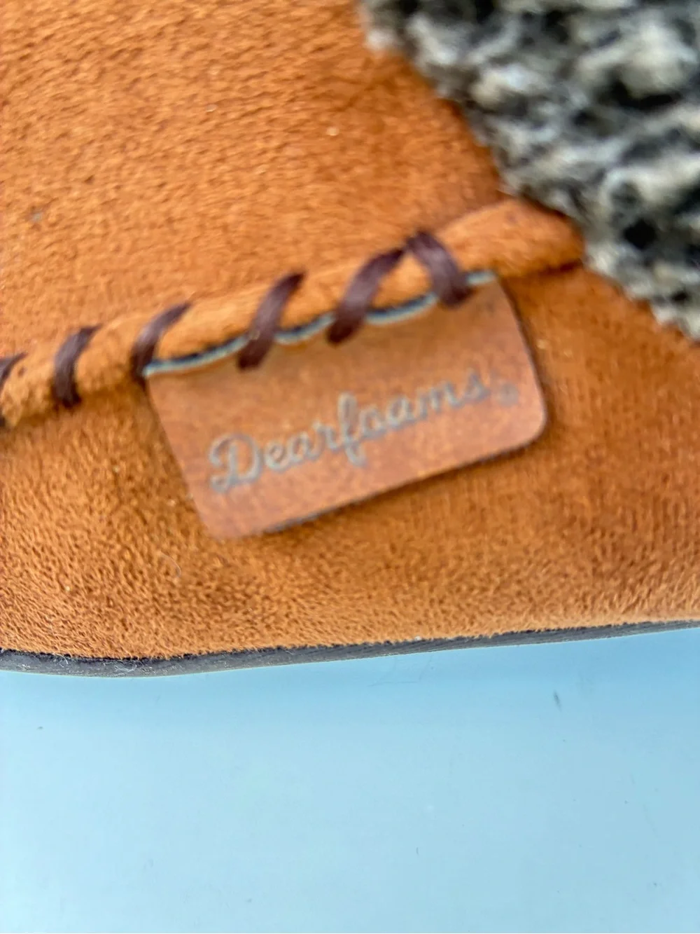 dearfoams Chestnut Suede Moccasin Slippers with Gray Knit Collar
